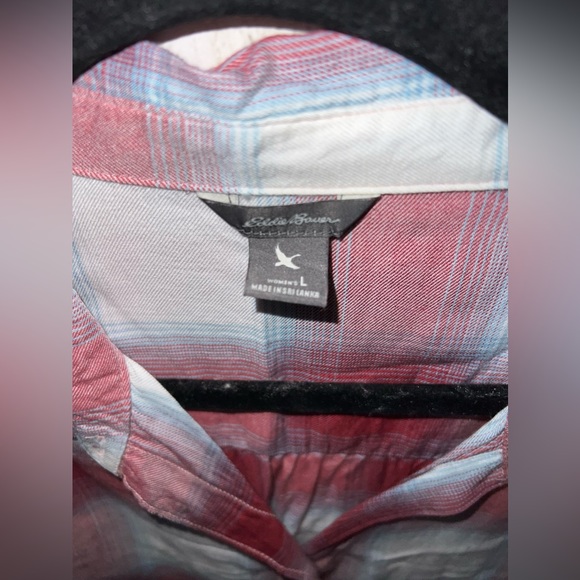 Eddie Bauer Cap Sleeve Plaid Button Up Shirt White Red Blue Size Large - Picture 4 of 6